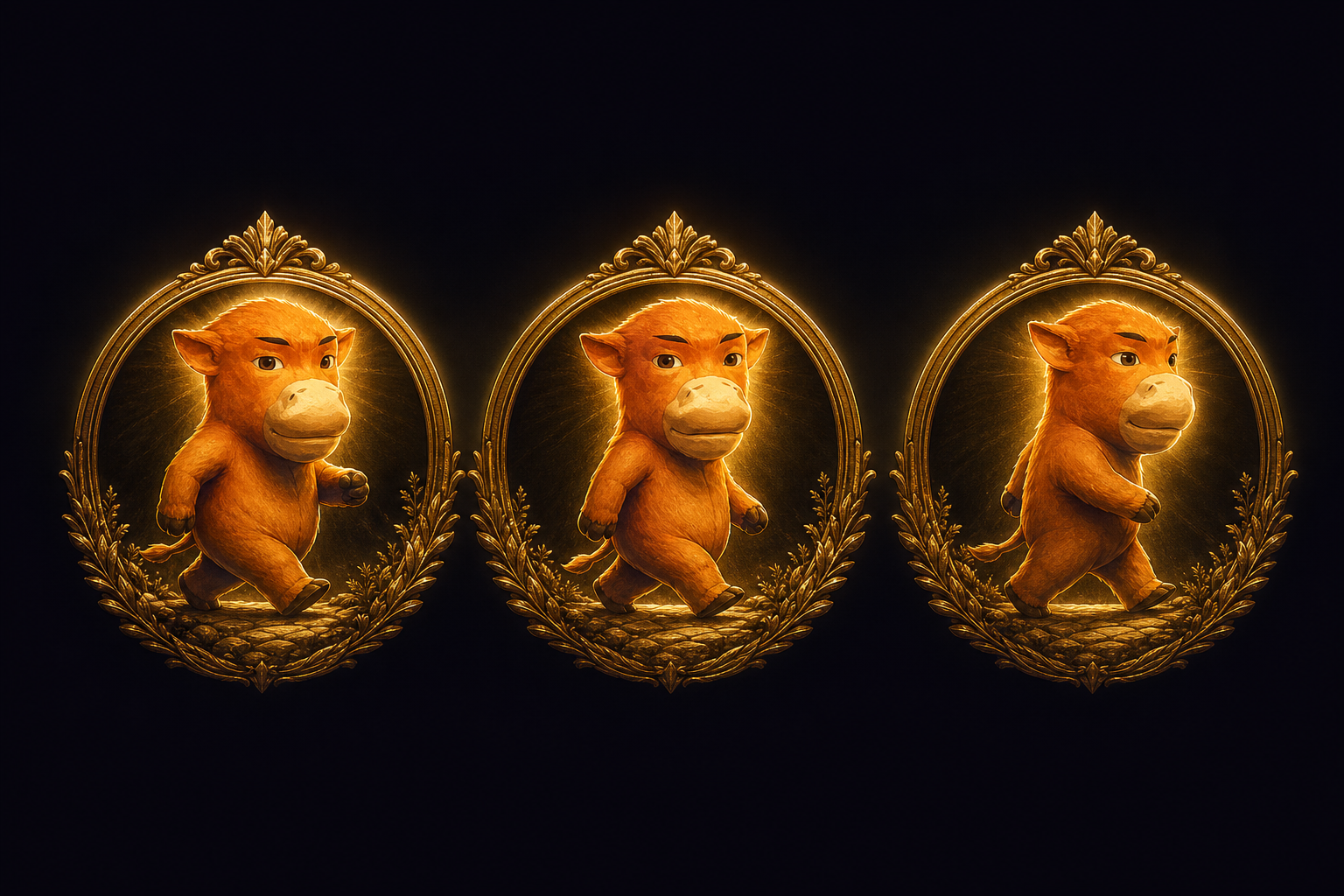 Three gilded oval portraits of Pixel Primate, looping closer each frame